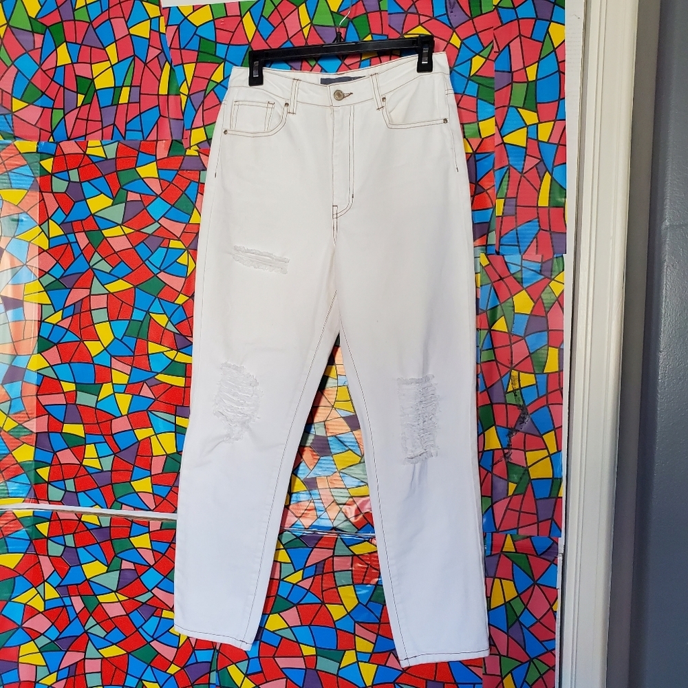 Indigo Rising Denim White Jeans High-rise Distress Straight Leg Size 5/27